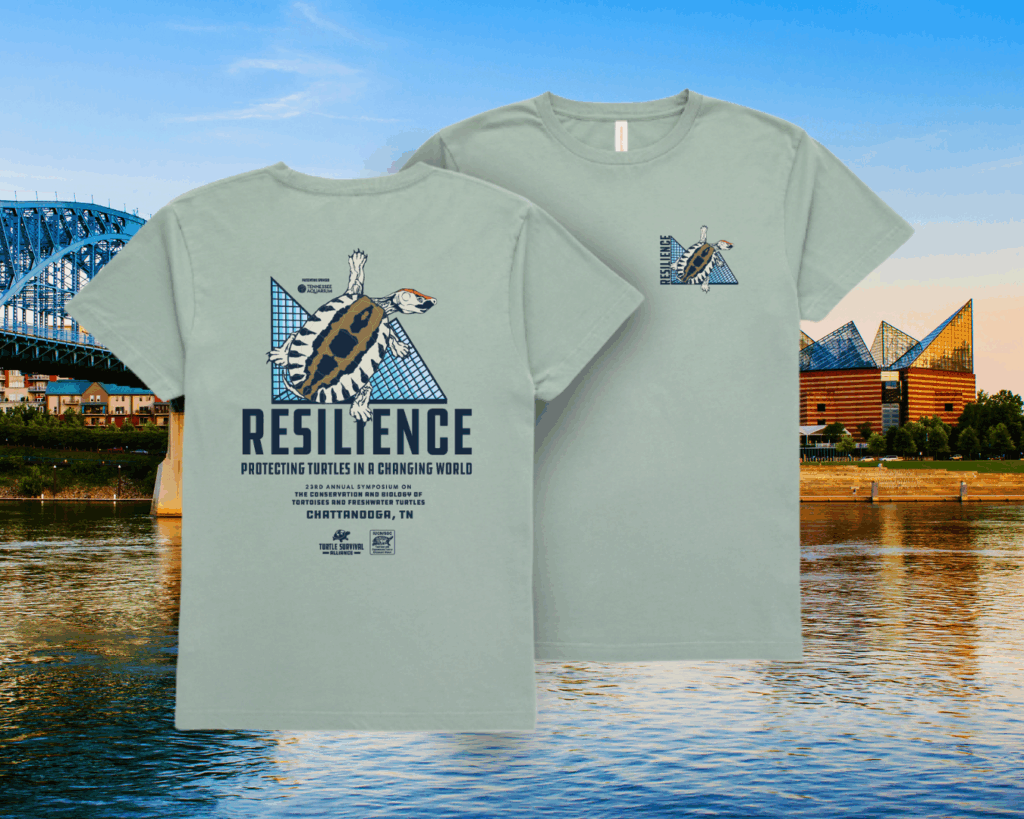 A graphic showcasing the Symposium T-shirt design which features a Painted Terrapin, the architecture of the Tennessee Aquarium, and the event theme Resilience: Protecting Turtles in a Changing World.